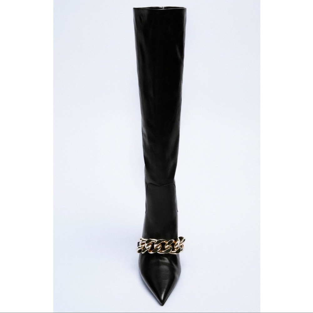 ZARA HEELED LEATHER KNEE HIGH BOOTS WITH CHAIN DETAIL - Picture 9 of 11